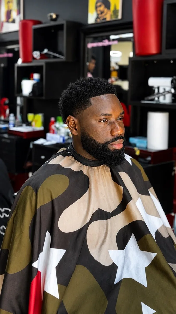 Coupe + barbe + moustache + bouc — fade net, beard line up.